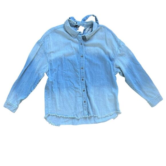 Hidden Jeans Blue Color Block Denim Long Sleeve Tie Back Shirt Women's size Med - Picture 1 of 9